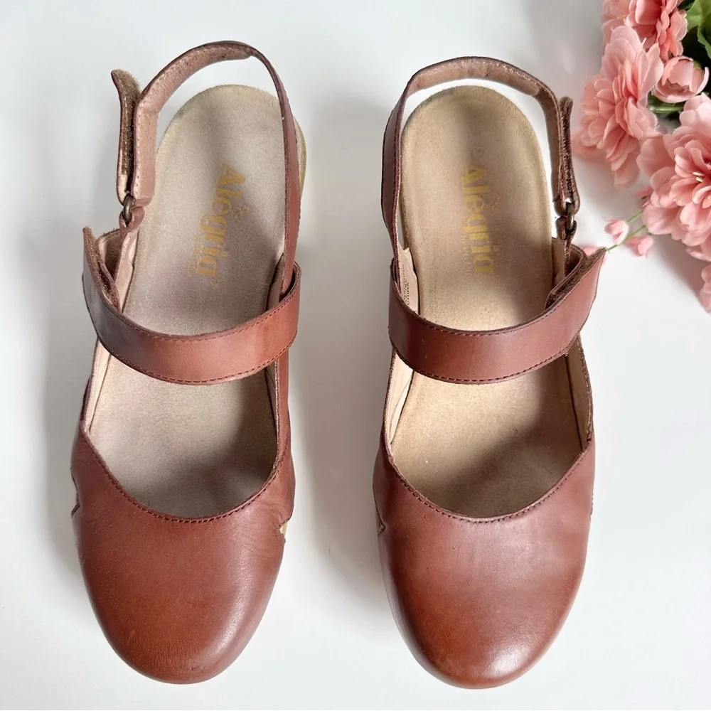 Alegria Tarah Cognac Leather Ankle Strap Wedge Shoes - Picture 6 of 16